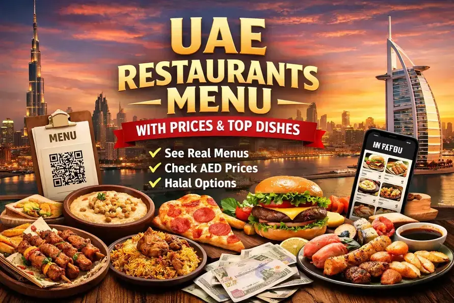 UAE restaurants menu with prices showing popular dishes, halal food options, and Dubai skyline background